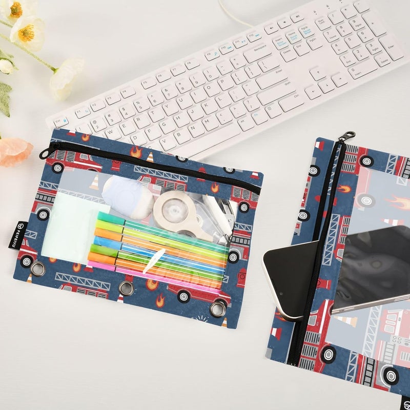 BOENLE Fire Trucks Pencil Pouch for 3 Ring Binder, 2 Pack Waterproof Pencil Bags Clear Window Zipper School Office Supplies - Image 5